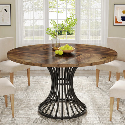 47" Round Dining Table for 4 People, Farmhouse Kitchen Table with Wooden Texture Surface & Pedestal Base, Round Table
