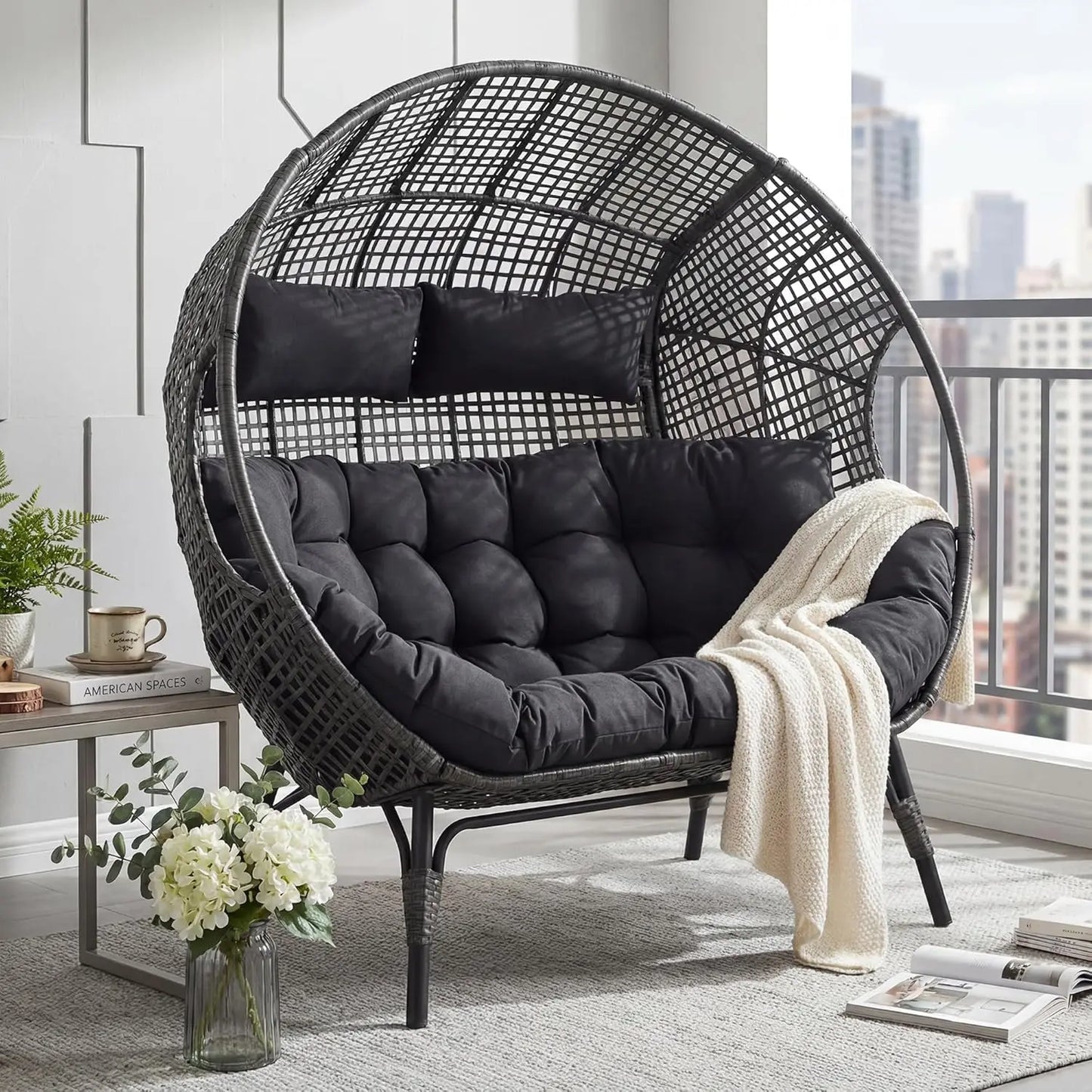 Oversized Double Egg Loveseat 680lb Wicker Rattan Cushioned Patio Balcony Garden Indoor Customized