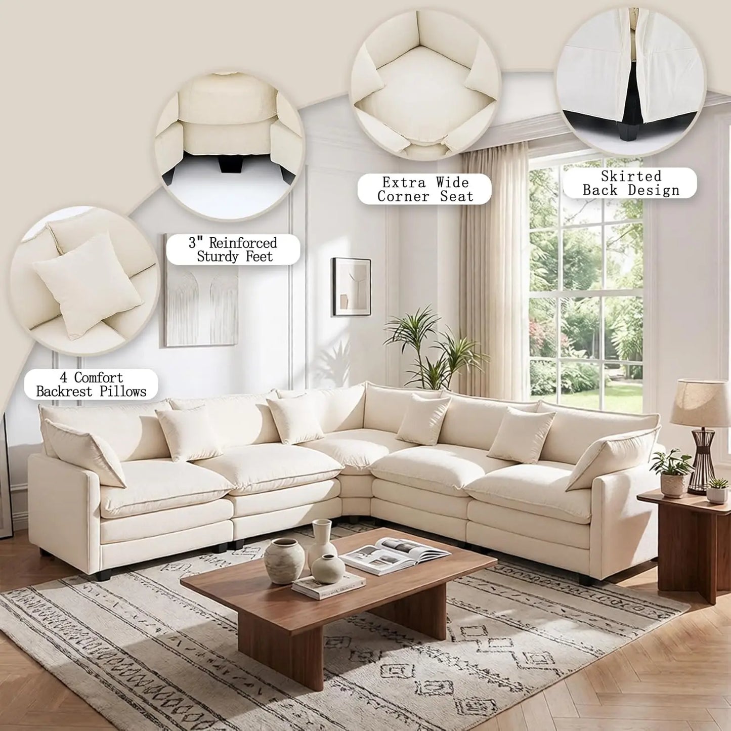 111.4" V-Shaped Corner Couch Sectional｜5 Seat Customizable Modular Cloud Couches with Chenille Deep Seat Sofa Set