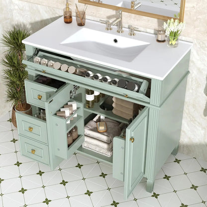 36" Free Standing Bathroom Vanity with Sink, Tip-Out Drawer & 3 Drawers & 2 Doors, Wood Cabinet with Ceramic Basin