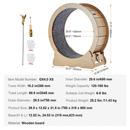 Wooden Cat Exercise Wheel Large Cat Treadmill Wheel for Indoor Cat with Detachable Carpet& Cat Teaser