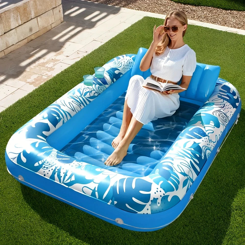 JOYFY 4 in 1 Suntan Tub Raft Floatie Inflatable Tanning Pool  70" x 46" Pool Floats Adult with Pillow for Water