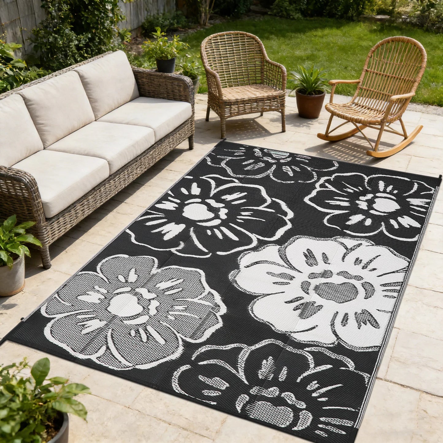 Outdoor Area Rug 8X10 Navy/Ivory, Nevis for Backyard, Patio, Porch, Easy-Cleaning, High Traffic, Pet-Friendly