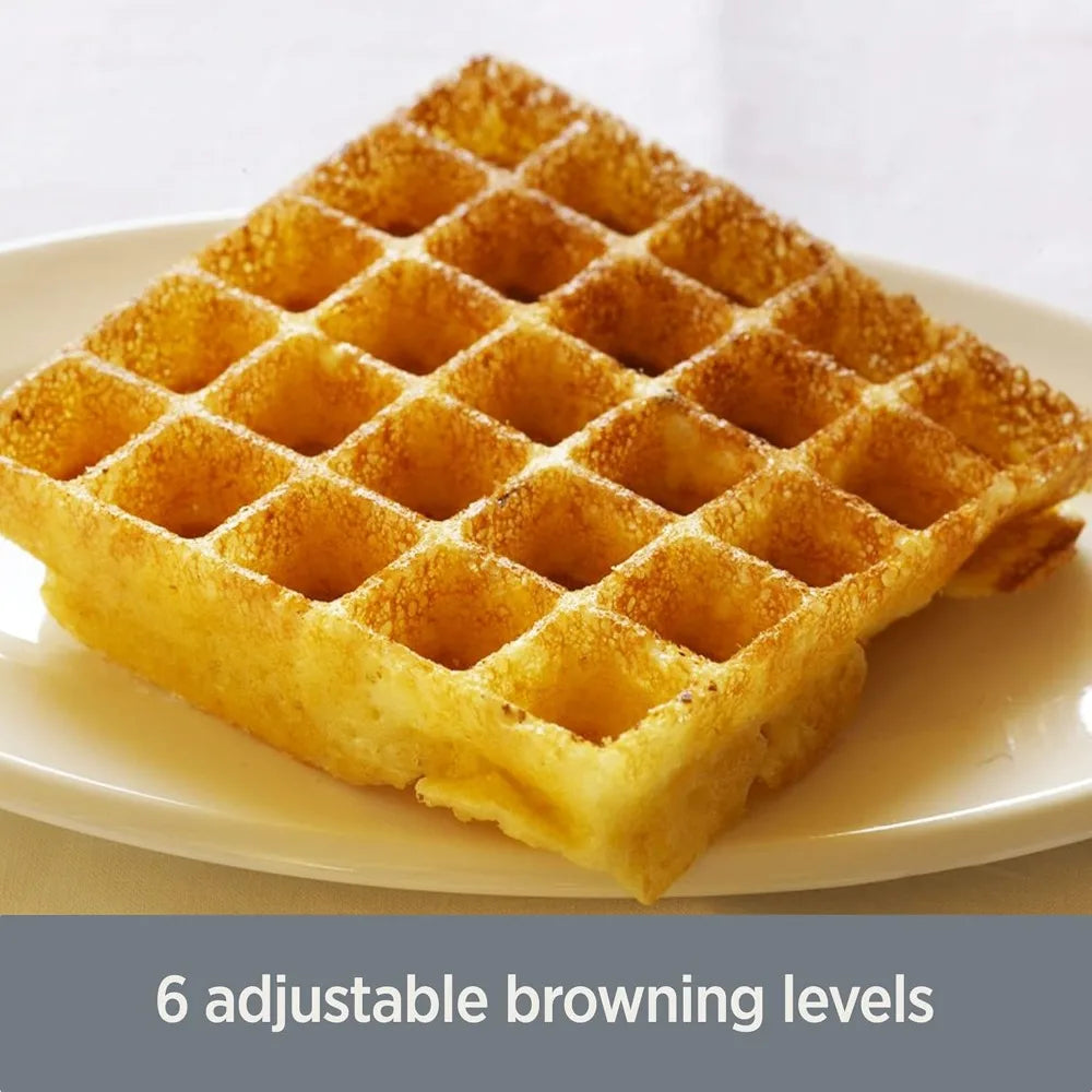 1 Square Belgian Waffle Maker (4-Slice, Silver) – Perfect for Morning Meals, Holiday Brunches; Digital LCD, Audible Alerts