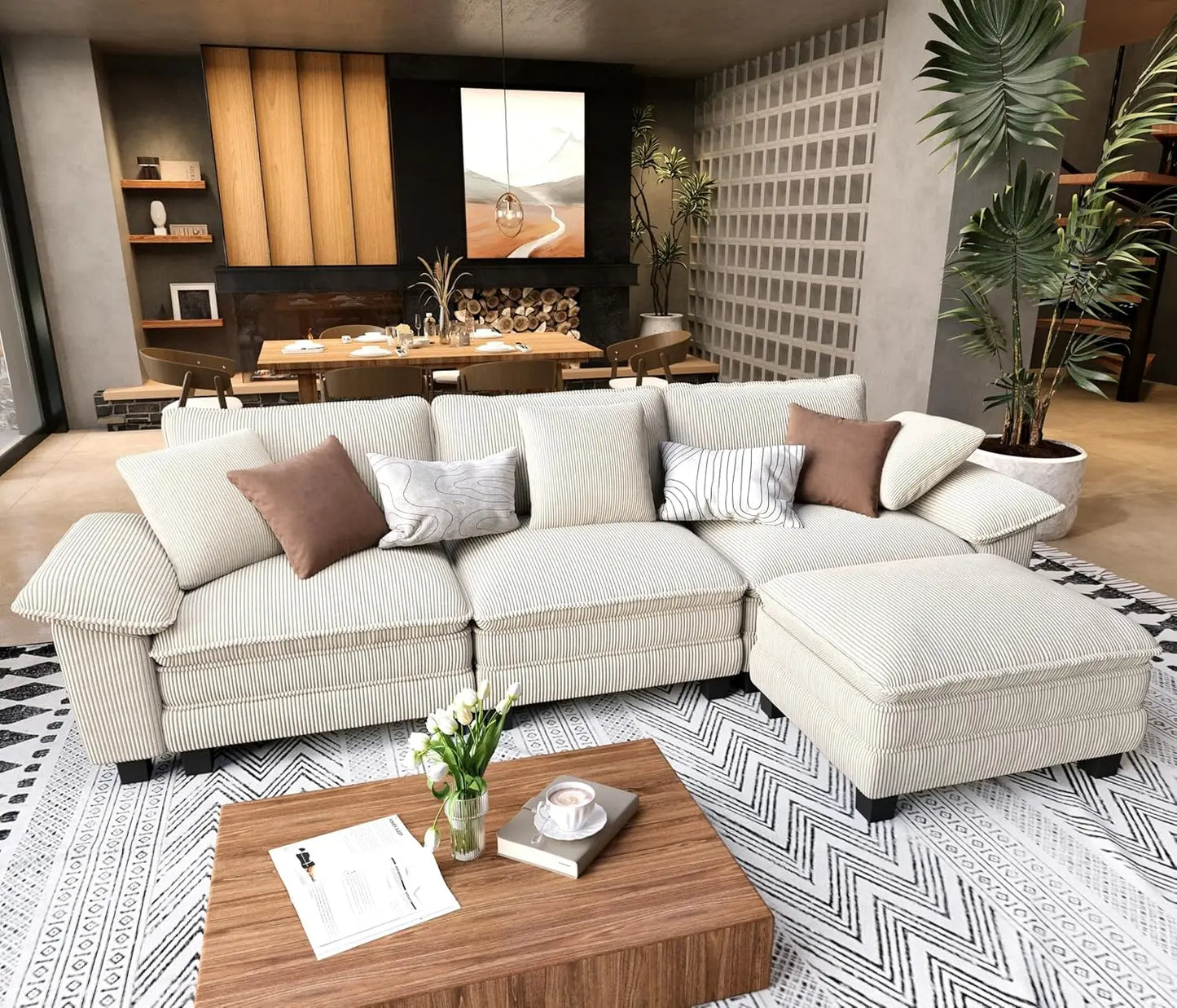 L Shaped Modular Cloud Couch, 123.6'' Comfy Chenille Sectional Sofa with Wider Armrest and Ottoman