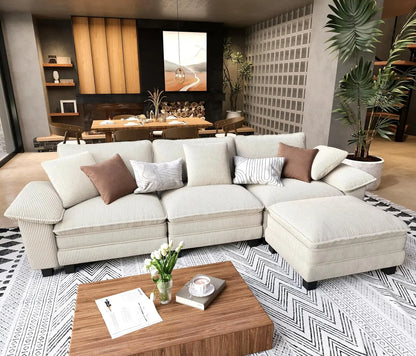 L Shaped Modular Cloud Couch, 123.6'' Comfy Chenille Sectional Sofa with Wider Armrest and Ottoman