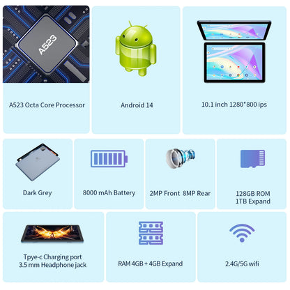 PRITOM Android 14 Tablet 10.1 Inch, 8GB RAM + 128GB ROM, Octa Core, 5G WiFi, with Keyboard, Mouse, Case