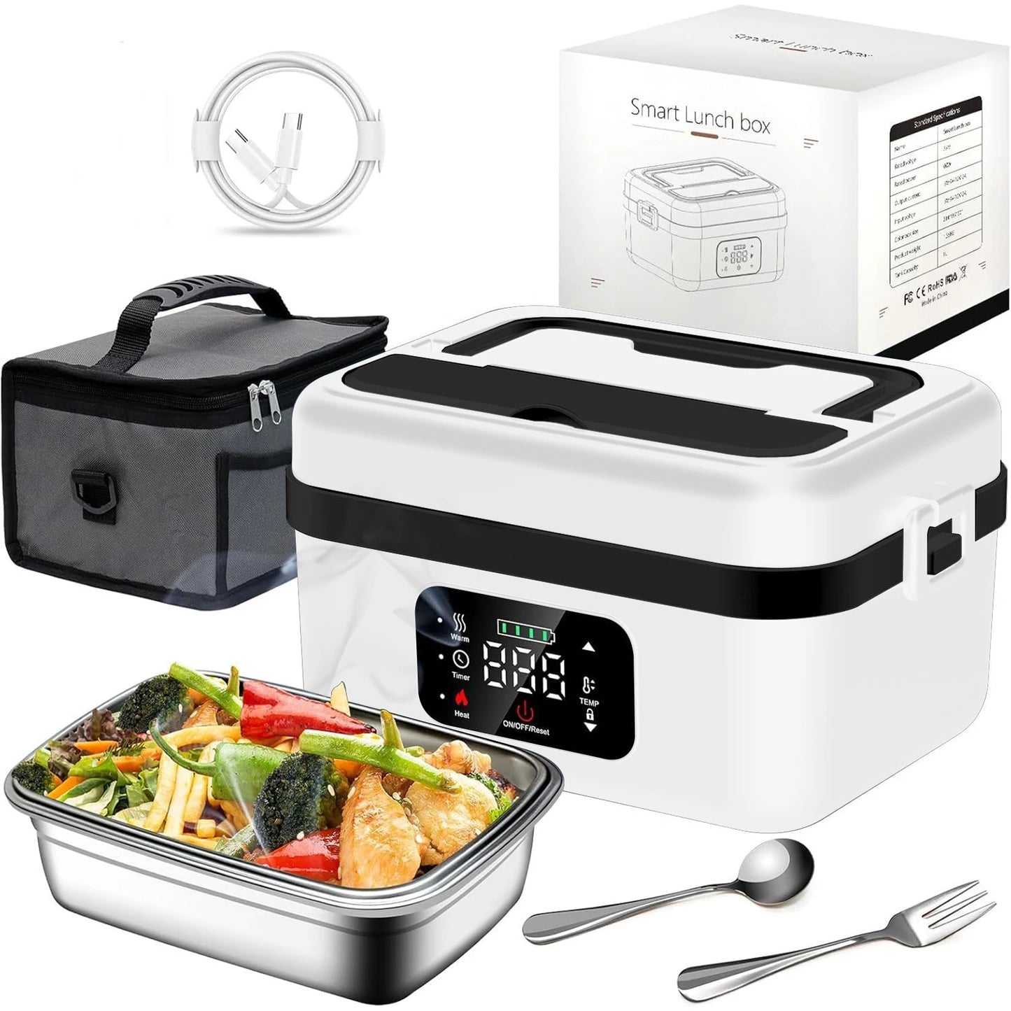 Automatic Heating Lunch Box, 1L Portable Food Warmer with Fork and Spoon and Insulated Carrying Bag