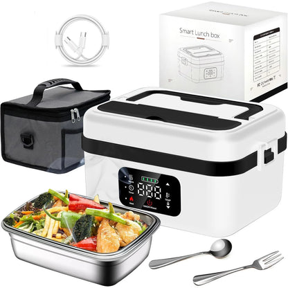 Automatic Heating Lunch Box, 1L Portable Food Warmer with Fork and Spoon and Insulated Carrying Bag
