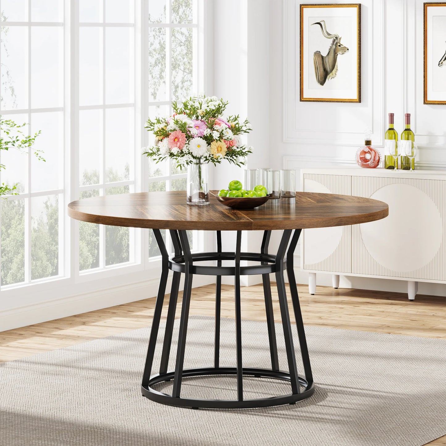 47" Round Dining Table for 4 People, Farmhouse Kitchen Table with Wooden Texture Surface & Pedestal Base, Round Table