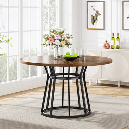 47" Round Dining Table for 4 People, Farmhouse Kitchen Table with Wooden Texture Surface & Pedestal Base, Round Table