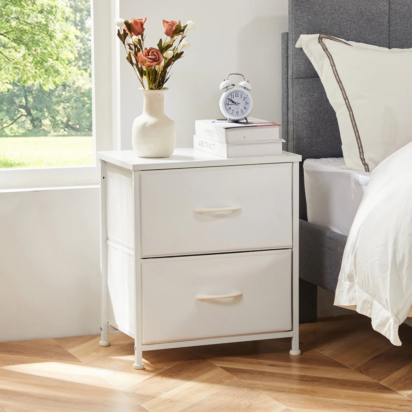 JHK Nightstand Bedside Coffee Sofa Tea Table Storage Closet Chest Clothes Display For Bedroom 2 Fabric Drawers