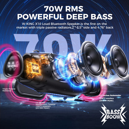 70W Waterproof Portable Loud Bluetooth Speaker, Wireless Outdoor Boombox Subwoofer Triple Passive