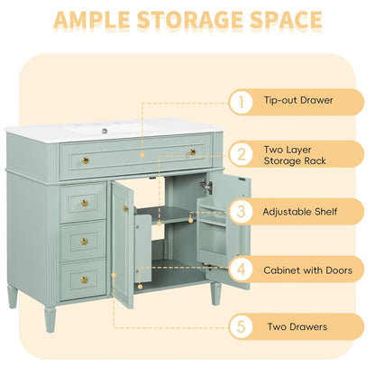 36" Free Standing Bathroom Vanity with Sink, Tip-Out Drawer & 3 Drawers & 2 Doors, Wood Cabinet with Ceramic Basin