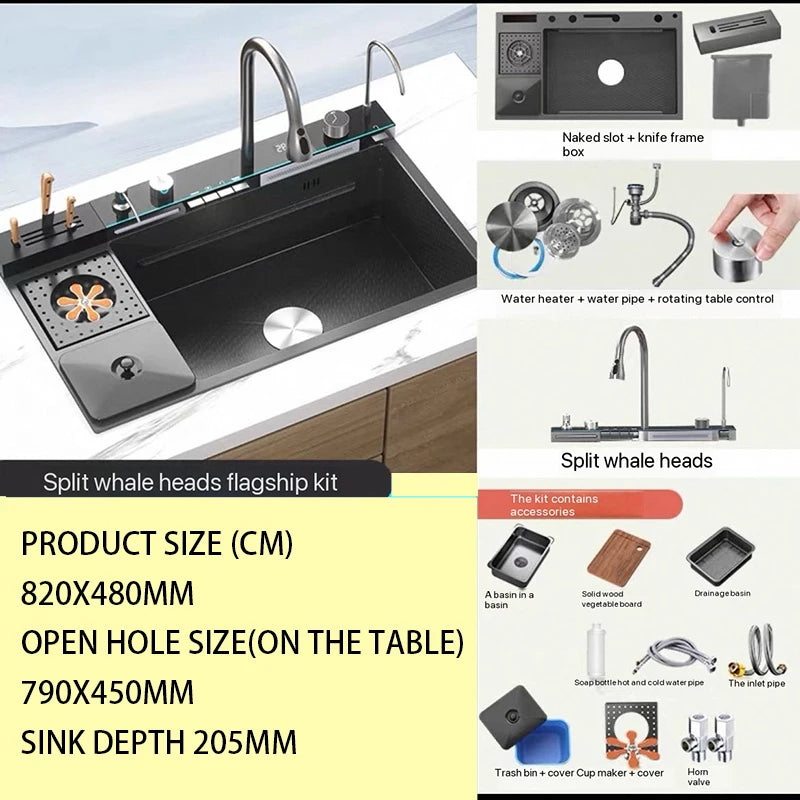 Digital fly rain waterfall sink embossed stainless steel large single sink kitchen black washbasin