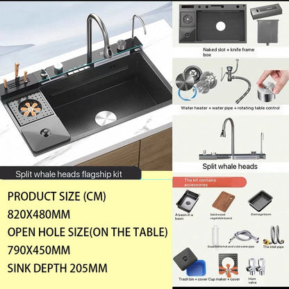 Digital fly rain waterfall sink embossed stainless steel large single sink kitchen black washbasin