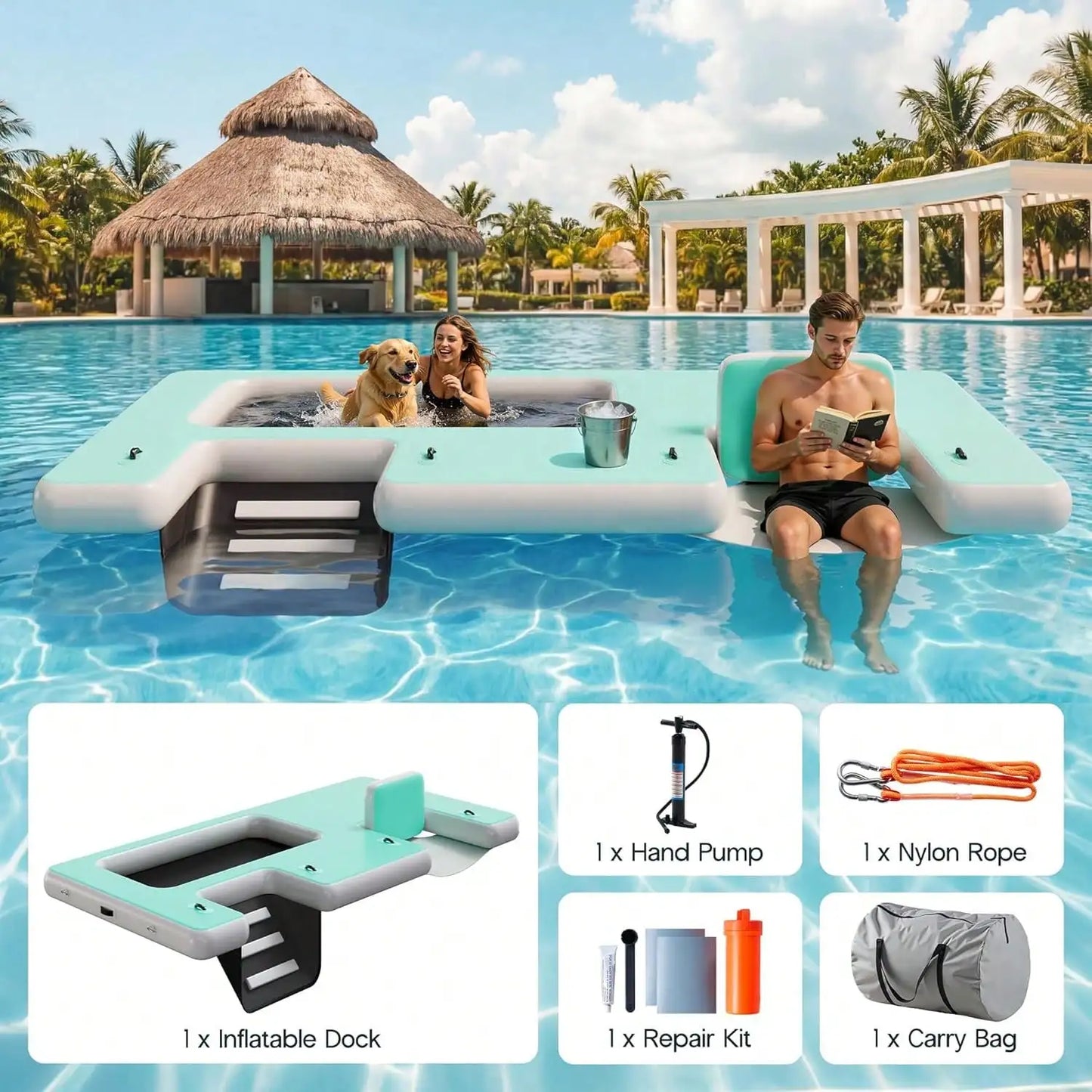 Non Slip Inflatable Air Dock Platform, Floating Island Raft With Rope Ladder, 6FT 7FT 8FT 10FT 12FT