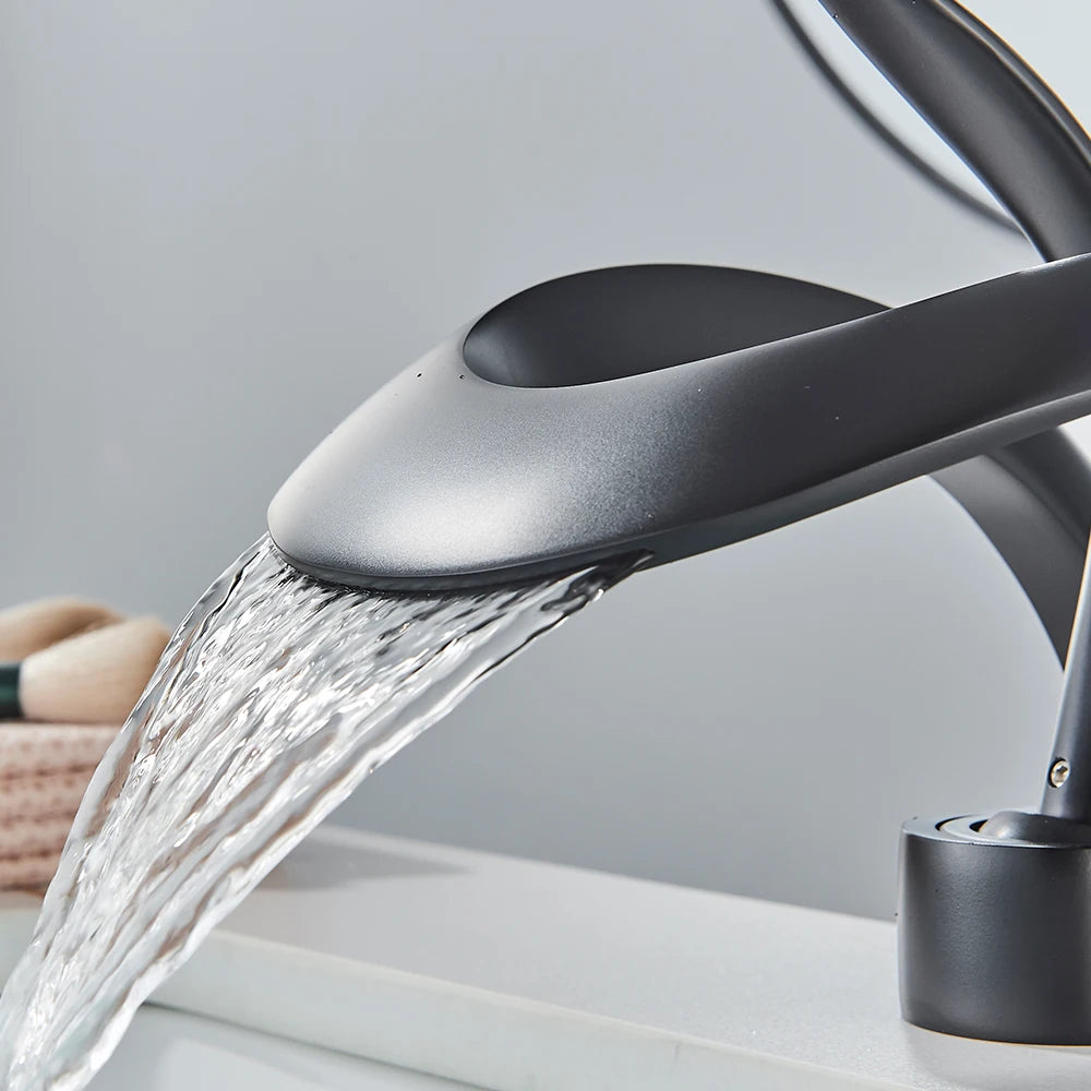 Rozin Luxury Black Basin Faucet Grey Bathroom Waterfall Mixer Tap Brass Deck Mount