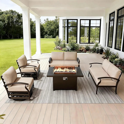 Aluminum Patio Furniture Set with Fire Pit Table, Metal Patio Furniture with 2 Swivel Rocking Chairs