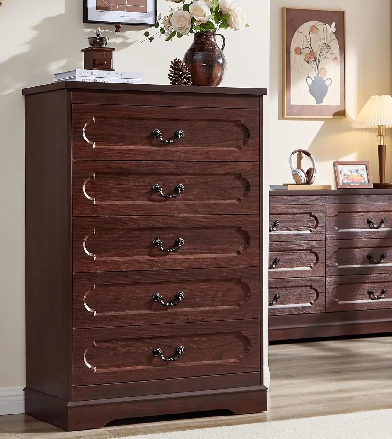 Farmhouse Cherry Wood Chest of Drawers for Bedroom Dresser, Rustic Wide Drawers Dressers