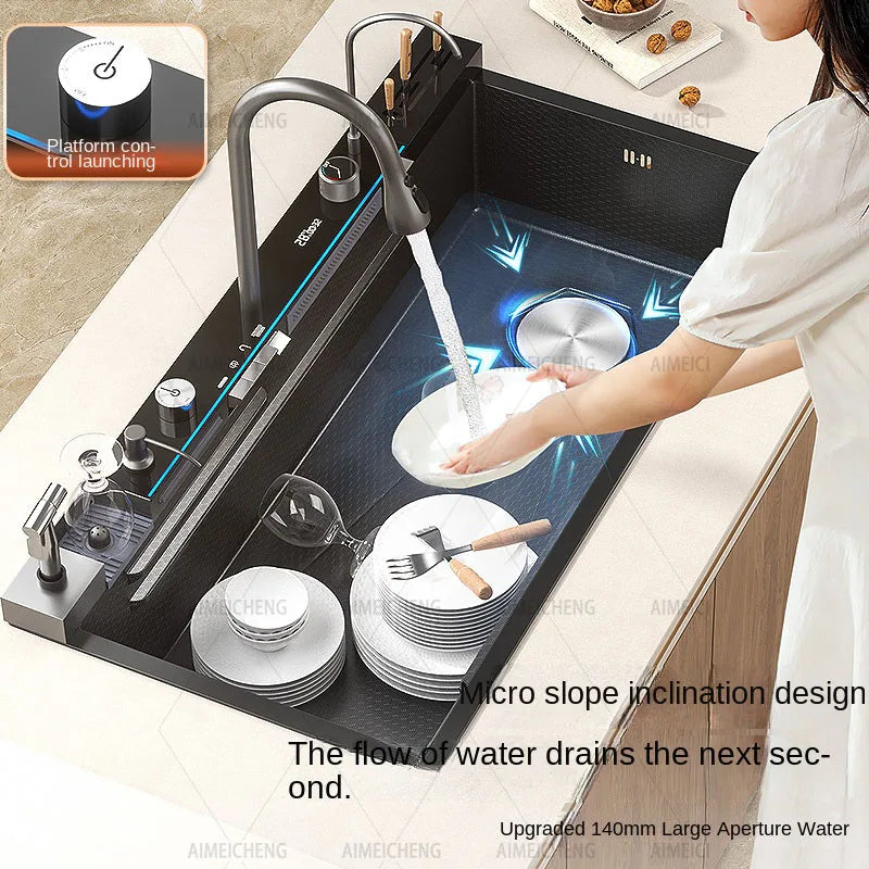 Digital fly rain waterfall sink embossed stainless steel large single sink kitchen black washbasin