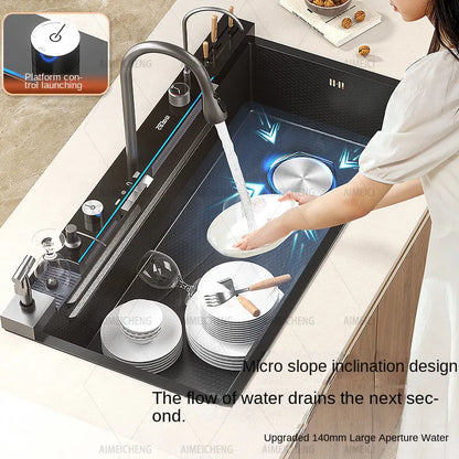 Digital fly rain waterfall sink embossed stainless steel large single sink kitchen black washbasin