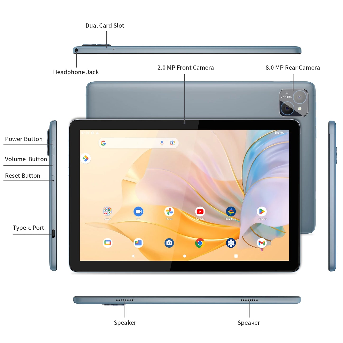 PRITOM Android 14 Tablet 10.1 Inch, 8GB RAM + 128GB ROM, Octa Core, 5G WiFi, with Keyboard, Mouse, Case