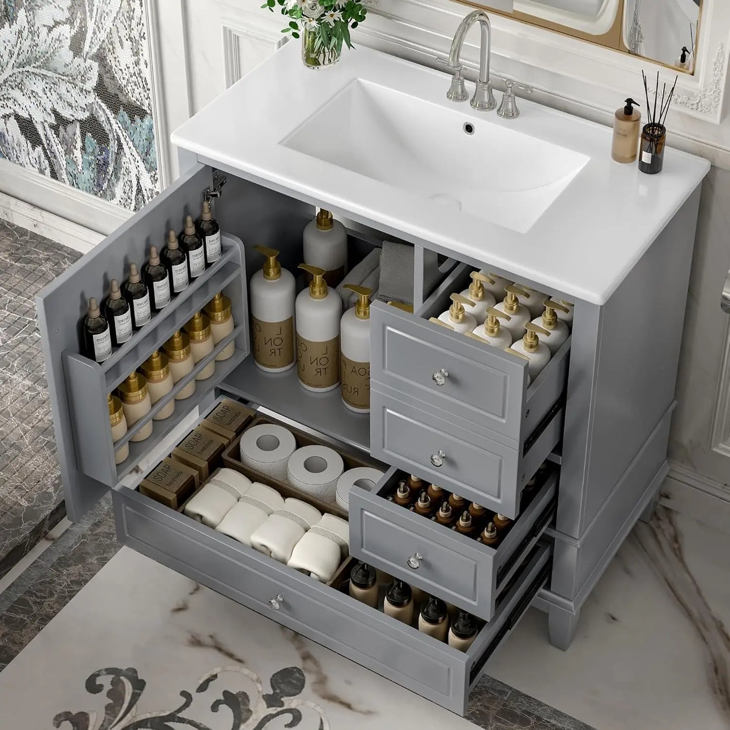 36" Free Standing Bathroom Vanity with Sink, Tip-Out Drawer & 3 Drawers & 2 Doors, Wood Cabinet with Ceramic Basin