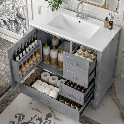 36" Free Standing Bathroom Vanity with Sink, Tip-Out Drawer & 3 Drawers & 2 Doors, Wood Cabinet with Ceramic Basin