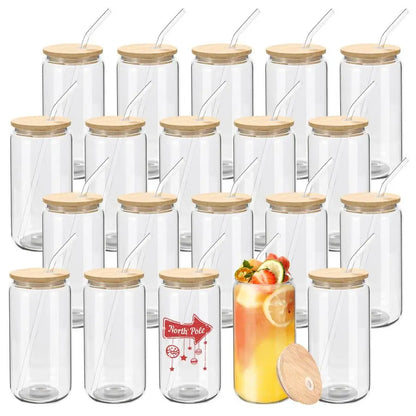 20 Pack Glass Cups with Bamboo Lids and Glass Straws 16oz Clear Glass Tumblers