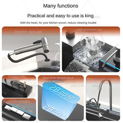 Digital fly rain waterfall sink embossed stainless steel large single sink kitchen black washbasin