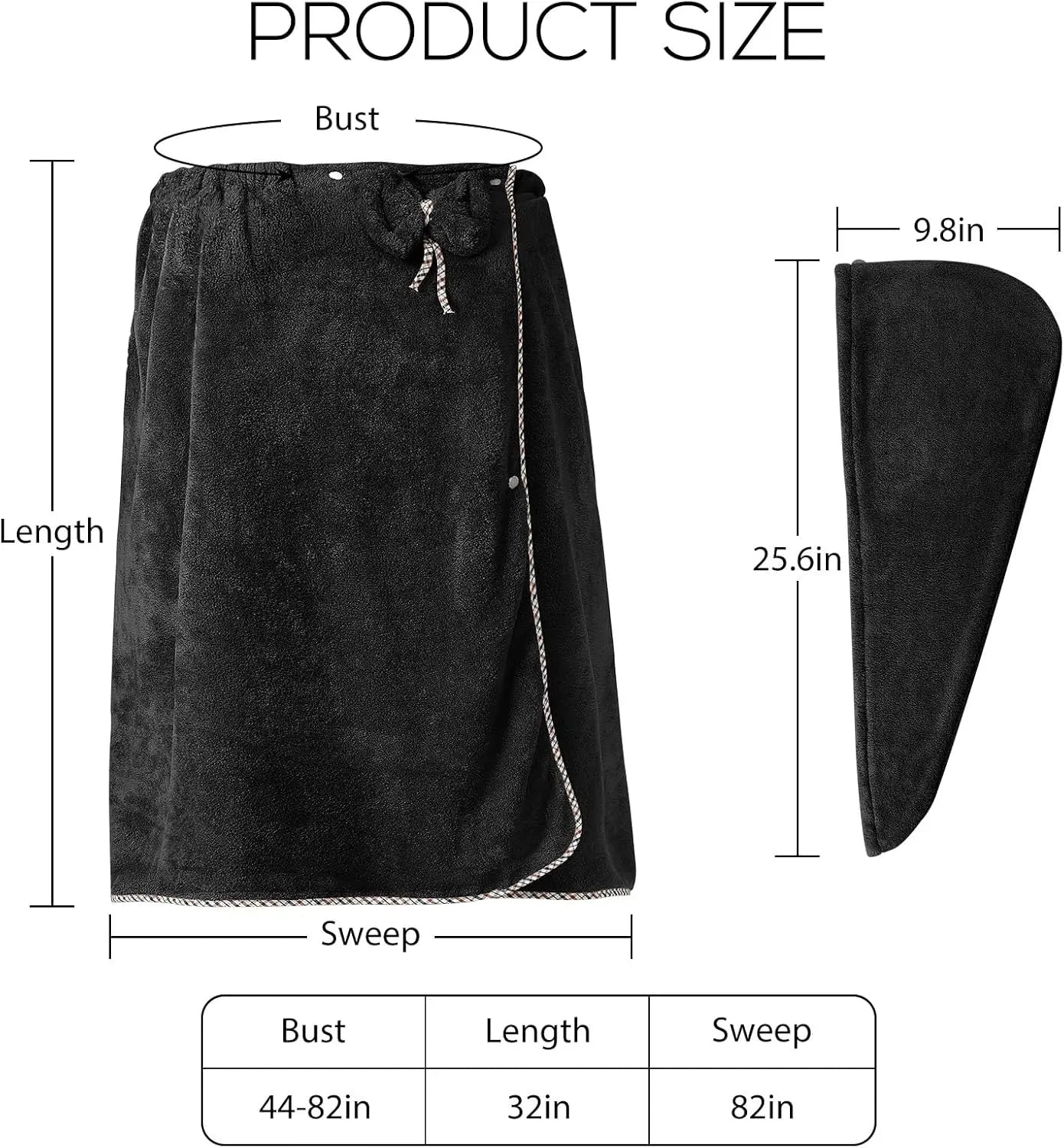 Adjustable Plus Size Towel Wrap with Hair Towel, Spa Bath Dress Black (XXL-XXXXL)