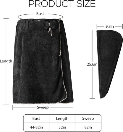 Adjustable Plus Size Towel Wrap with Hair Towel, Spa Bath Dress Black (XXL-XXXXL)