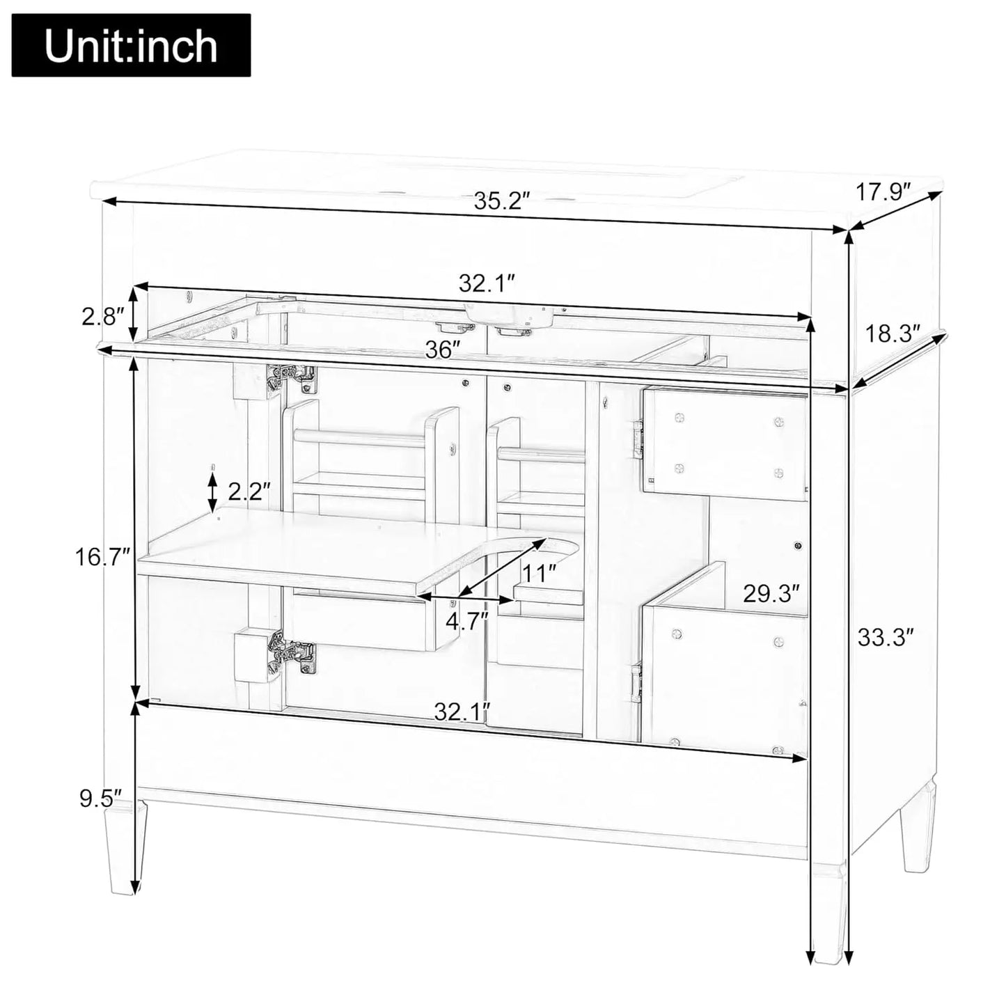 36" Free Standing Bathroom Vanity with Sink, Tip-Out Drawer & 3 Drawers & 2 Doors, Wood Cabinet with Ceramic Basin