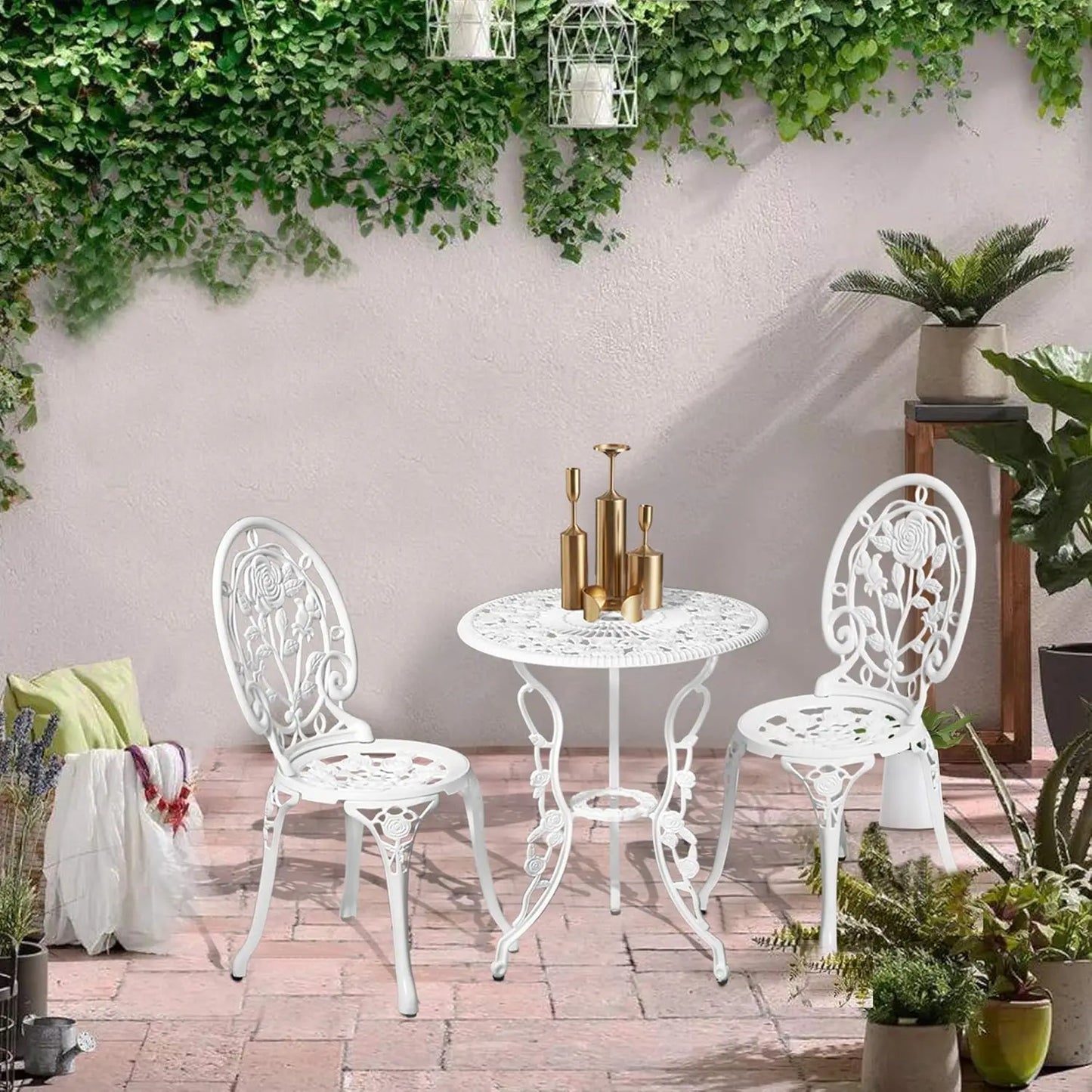 Bistro Table and Chairs Set of 2 Outdoor 3 Piece Patio Set, Rose Pattern Cast Aluminum Bistro for Garden Balcony,,