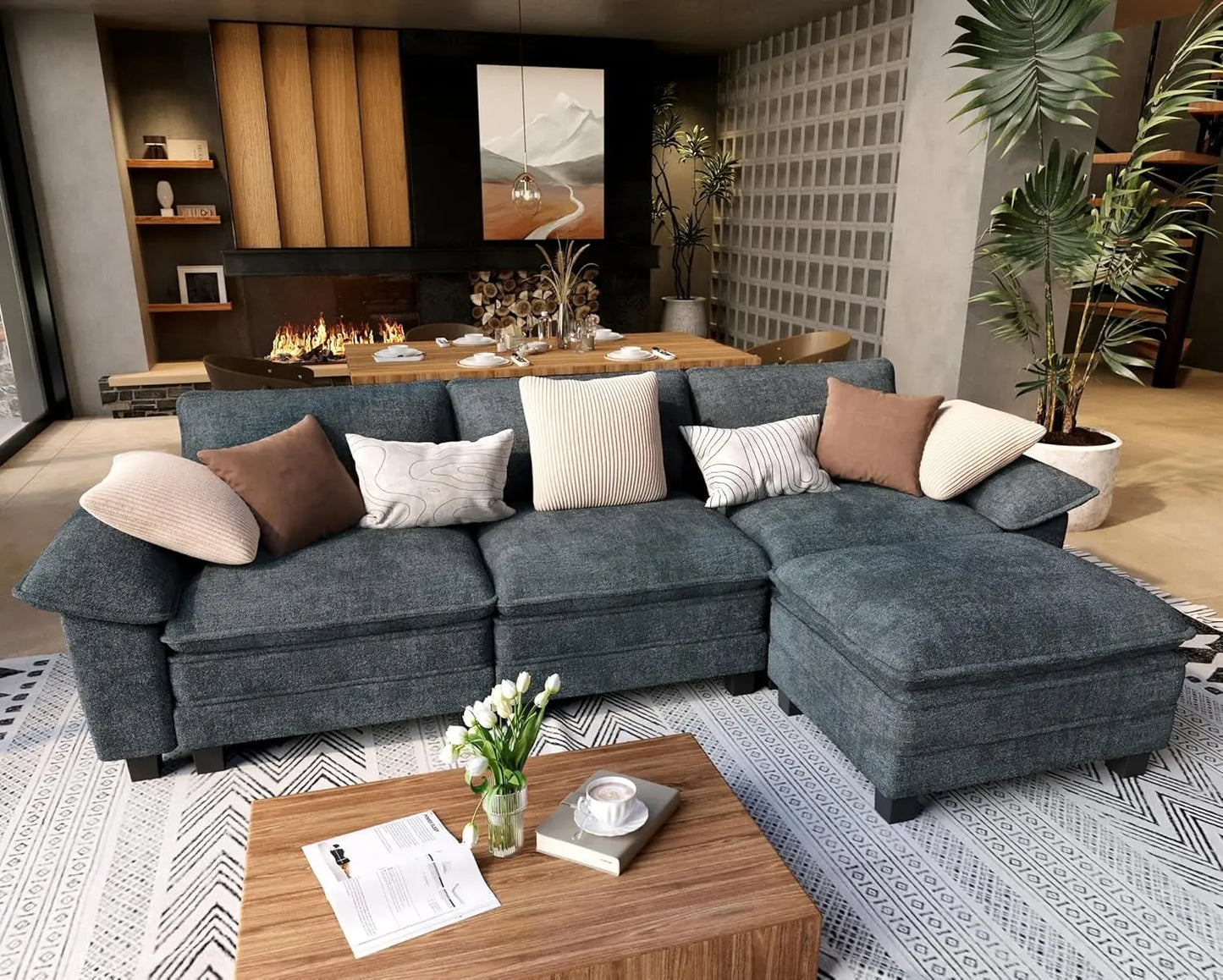 L Shaped Modular Cloud Couch, 123.6'' Comfy Chenille Sectional Sofa with Wider Armrest and Ottoman