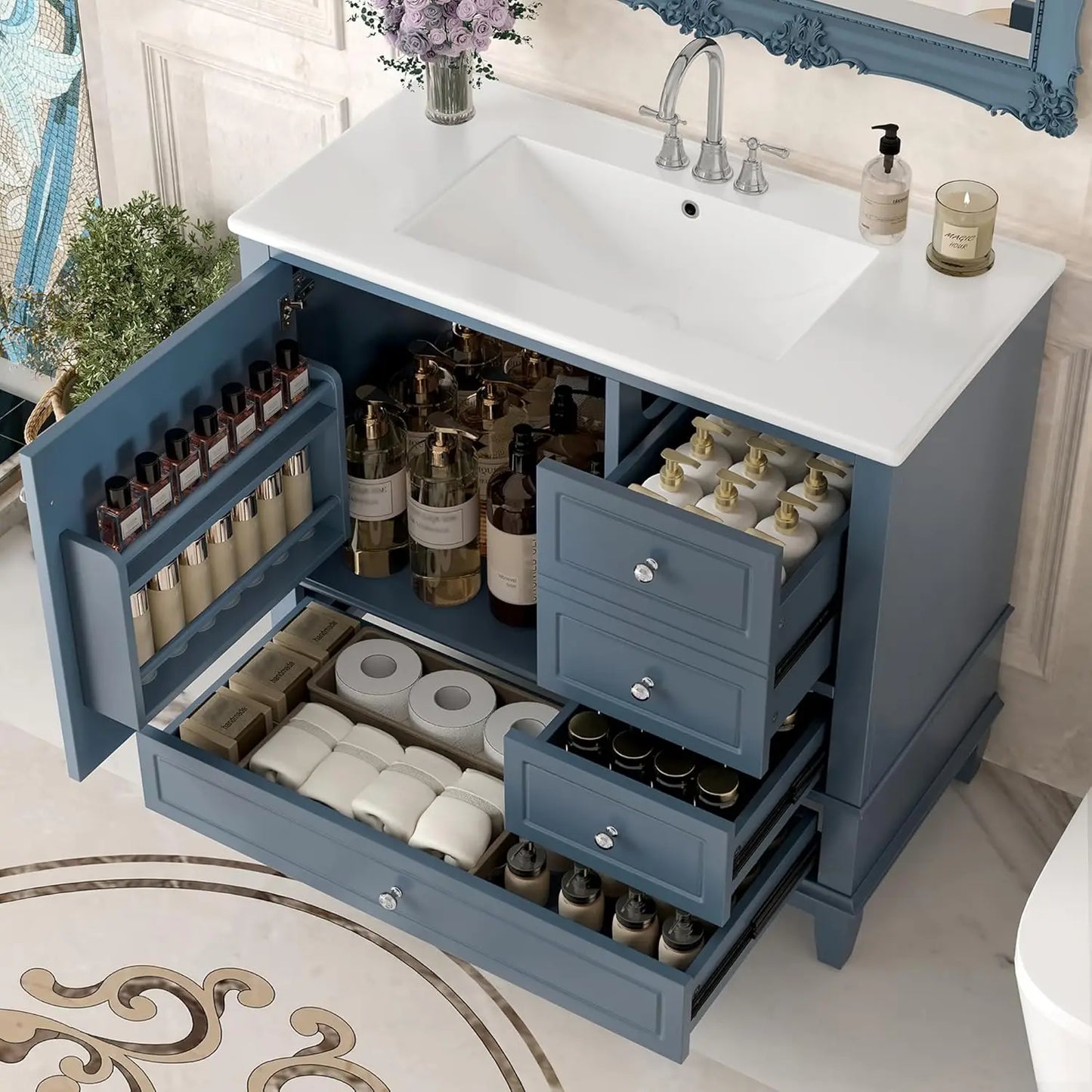36" Free Standing Bathroom Vanity with Sink, Tip-Out Drawer & 3 Drawers & 2 Doors, Wood Cabinet with Ceramic Basin