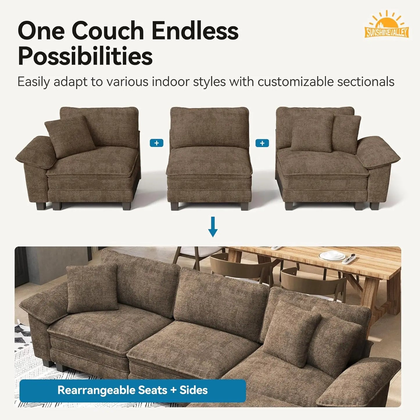 L Shaped Modular Cloud Couch, 123.6'' Comfy Chenille Sectional Sofa with Wider Armrest and Ottoman