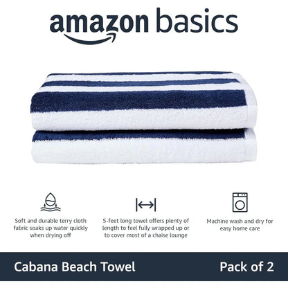 2PCS 100% Cotton Cabana Stripe Beach Towels – 30x60", Soft & Absorbent (Navy Blue)