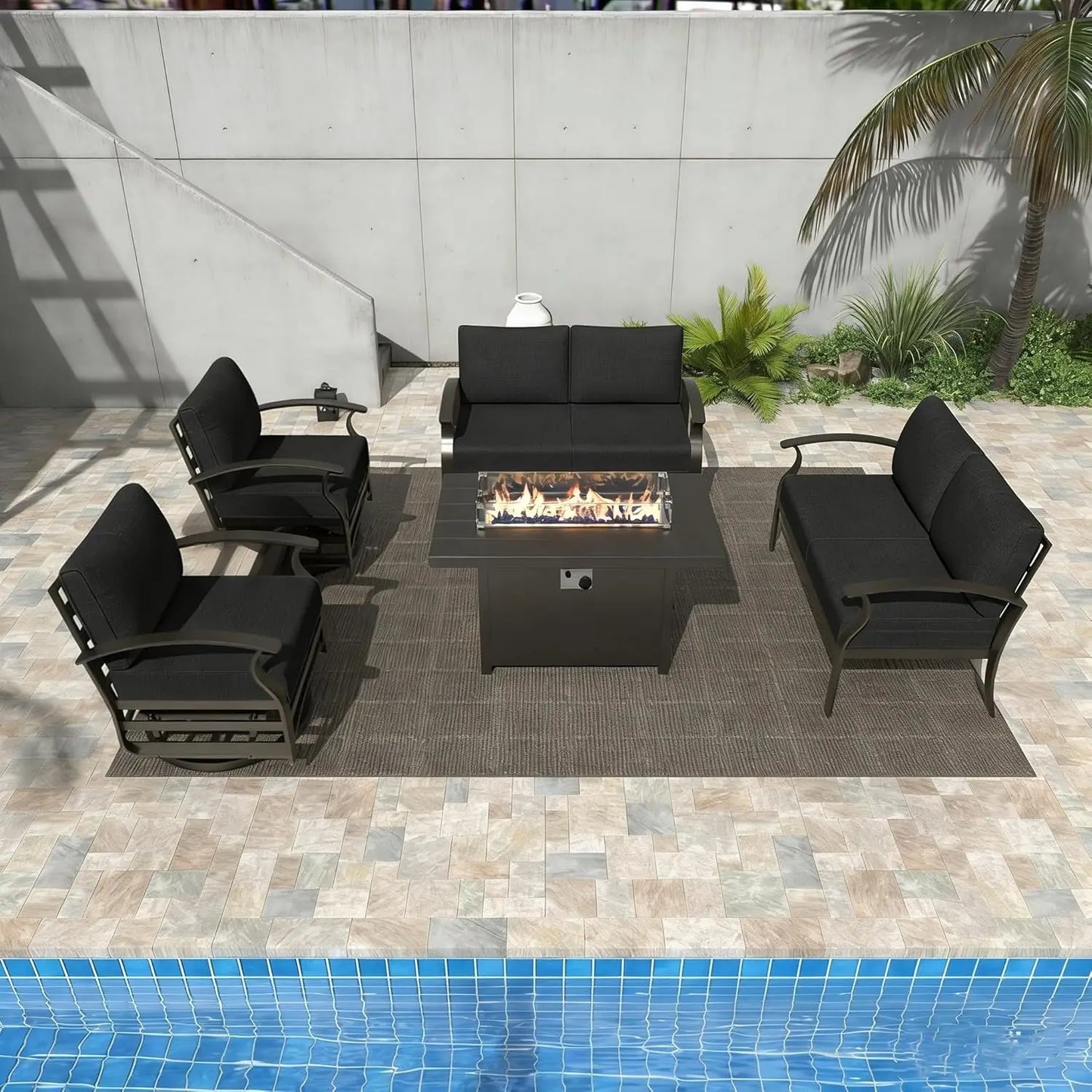 Aluminum Patio Furniture Set with Fire Pit Table, Metal Patio Furniture with 2 Swivel Rocking Chairs