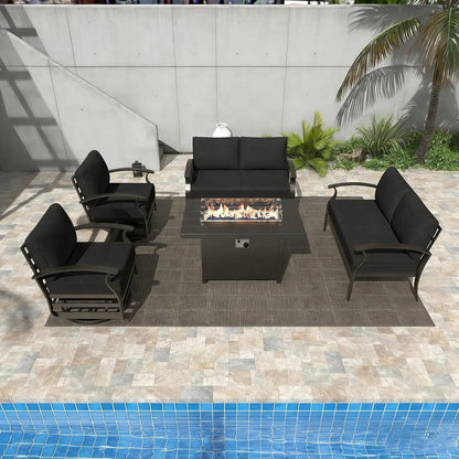 Aluminum Patio Furniture Set with Fire Pit Table, Metal Patio Furniture with 2 Swivel Rocking Chairs