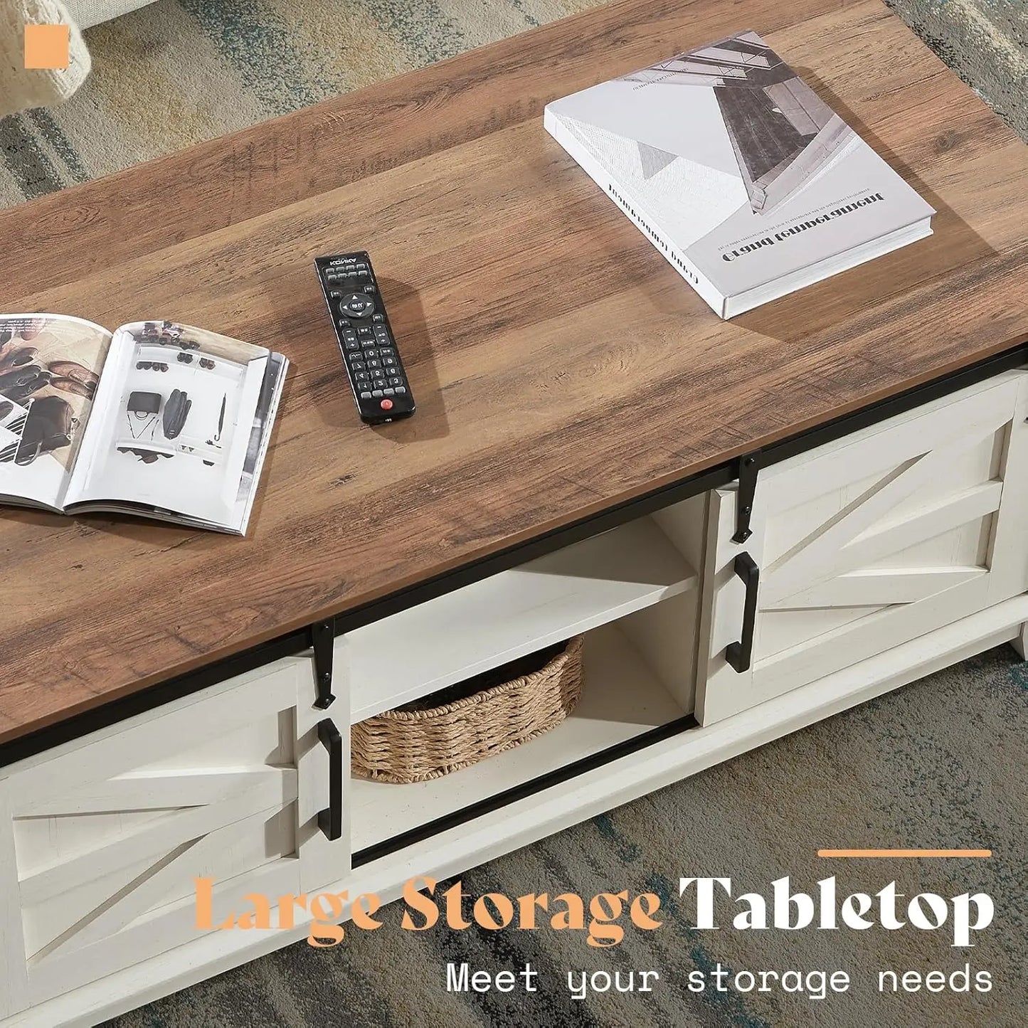 3-Piece Farmhouse Living Room Table Set - Coffee Table with Sliding Barn Doors & End Table Set of 2 with Charging Station