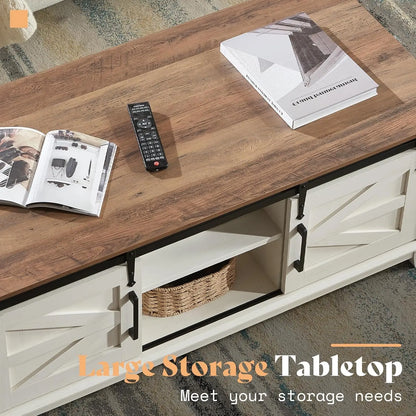3-Piece Farmhouse Living Room Table Set - Coffee Table with Sliding Barn Doors & End Table Set of 2 with Charging Station