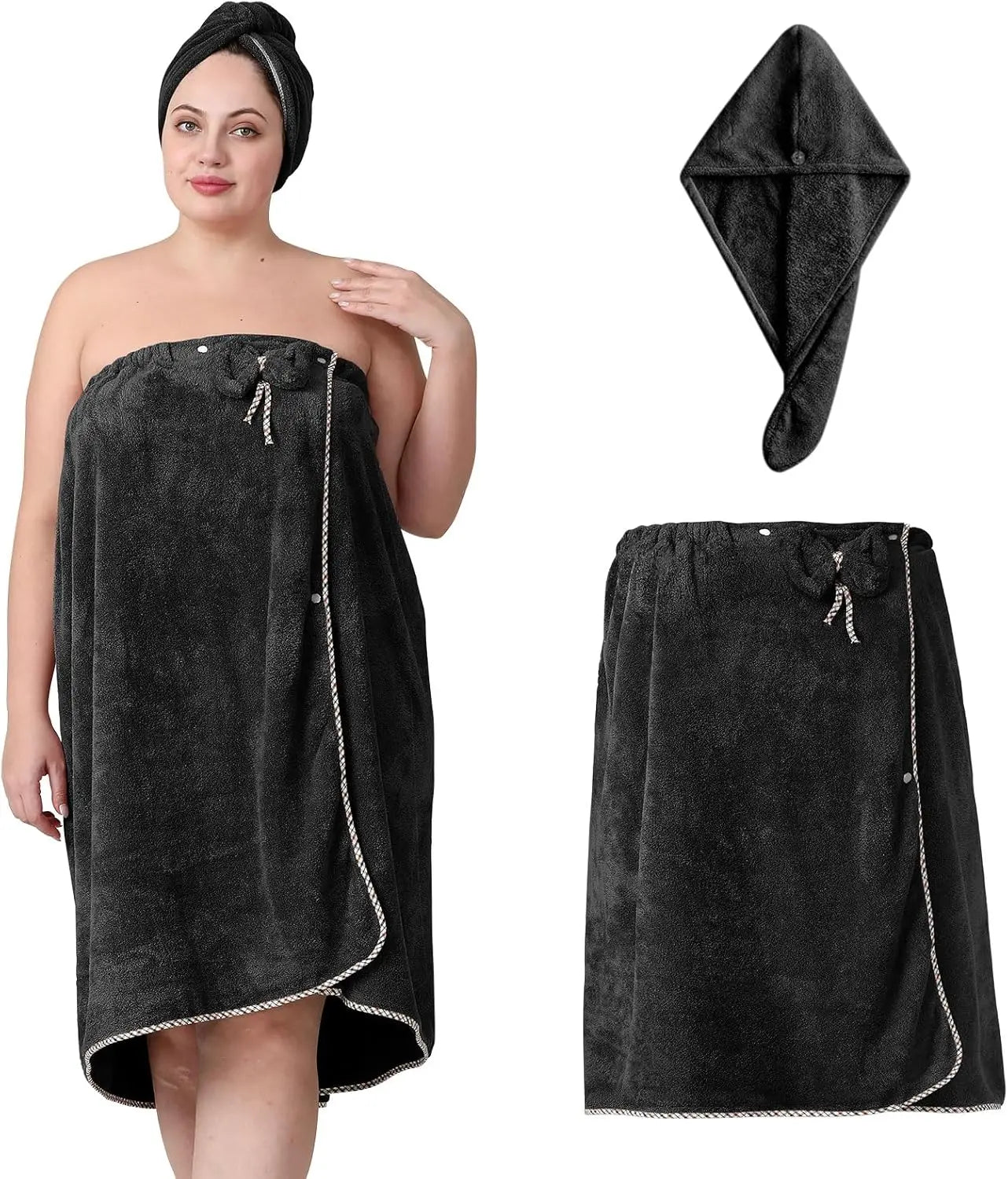 Adjustable Plus Size Towel Wrap with Hair Towel, Spa Bath Dress Black (XXL-XXXXL)