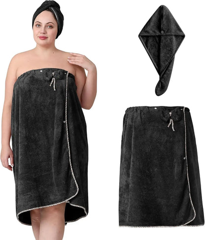 Adjustable Plus Size Towel Wrap with Hair Towel, Spa Bath Dress Black (XXL-XXXXL)