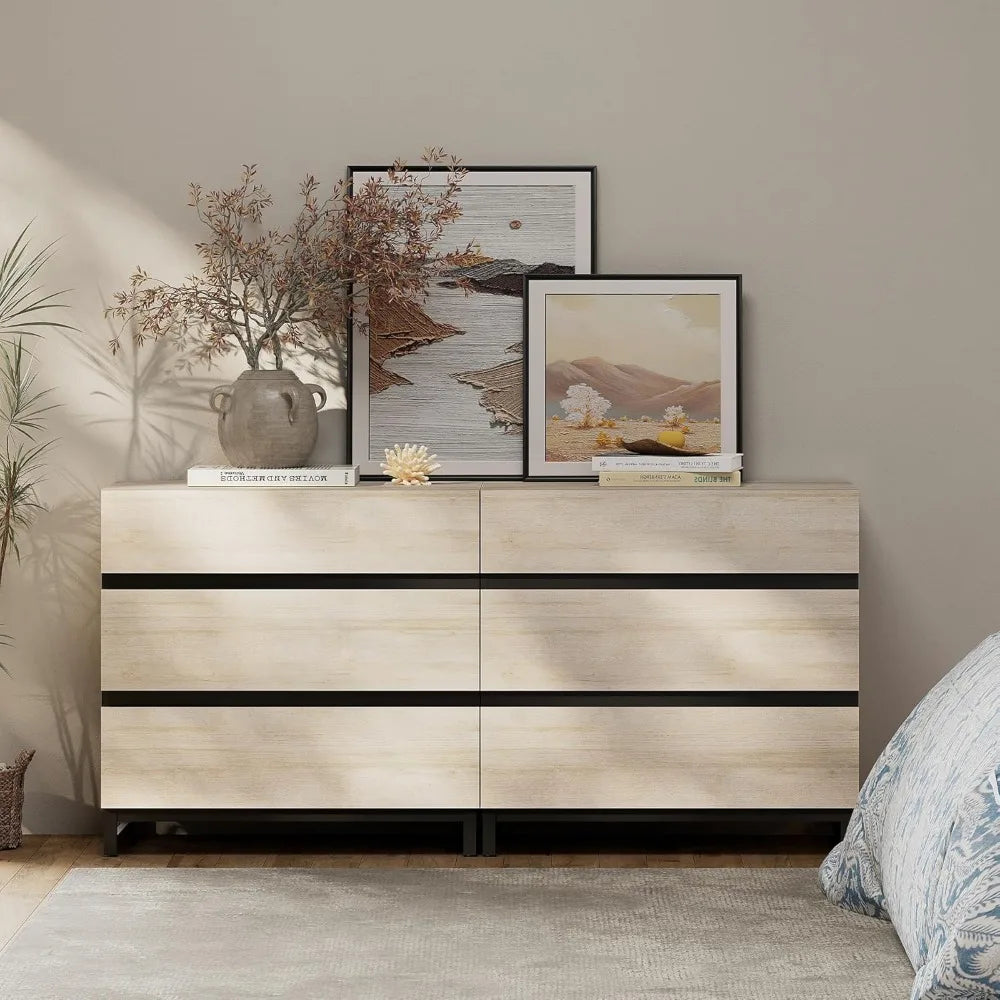 Dresser and Nightstand Set of 3, 63 Inches Dresser with 6 Drawers, 2 Nightstand with Drawer and Cabinet