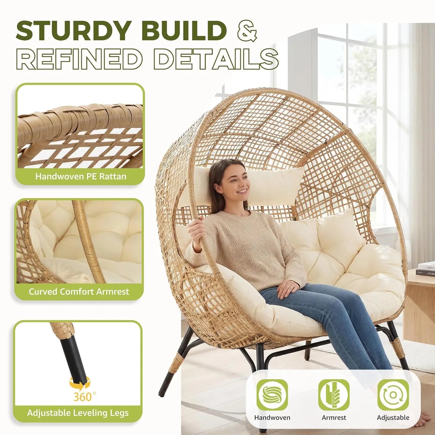 Oversized Double Egg Loveseat 680lb Wicker Rattan Cushioned Patio Balcony Garden Indoor Customized