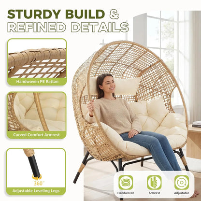 Oversized Double Egg Loveseat 680lb Wicker Rattan Cushioned Patio Balcony Garden Indoor Customized