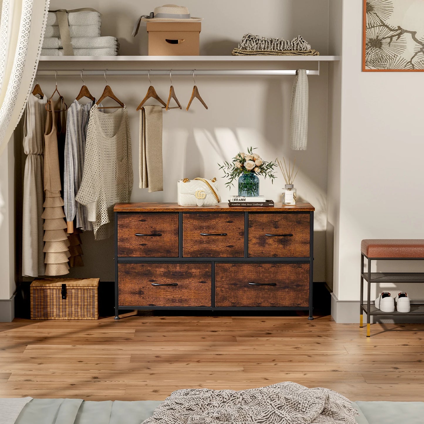 JHK Living Room Display Cabinet Layers With 5 Fabric Drawers For Clothes Storage Dresser