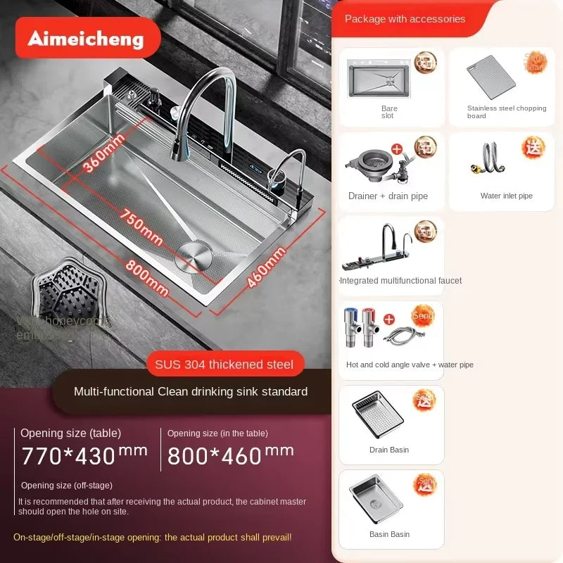 Digital fly rain waterfall sink embossed stainless steel large single sink kitchen black washbasin